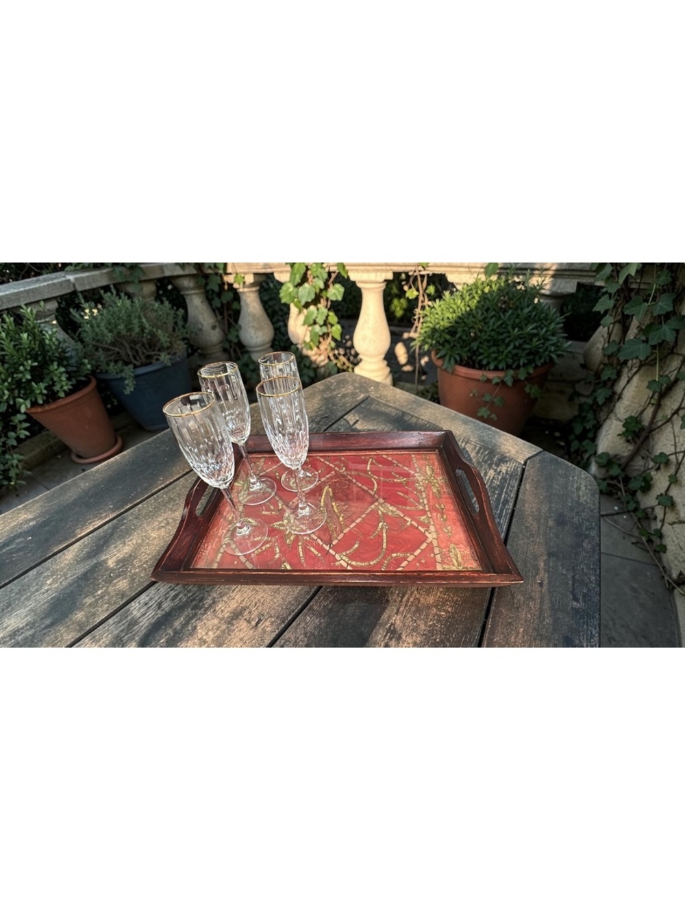 Vintage Sequin Embroidery Tray | Mahogany Wood Glass Top Serving Ottoman Turkish
